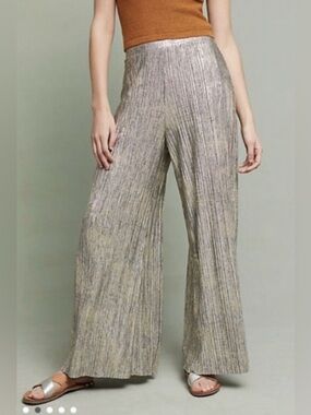 ANTHROPOLOGIE ELEVENSES Wide-Leg Pants Metallic Silver Shimmer Elegance  XL